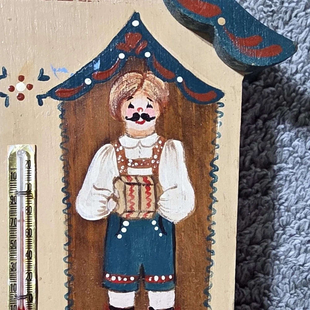 Vintage Folk Art Thermometer Wooden Hand Painted Decor 80s Hanging
